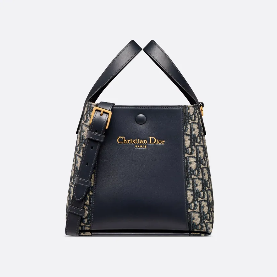 Dior Small Signature Bucket Bag In Blue Dior Oblique Jacquard/Black Grained Calfskin Gold Hardware