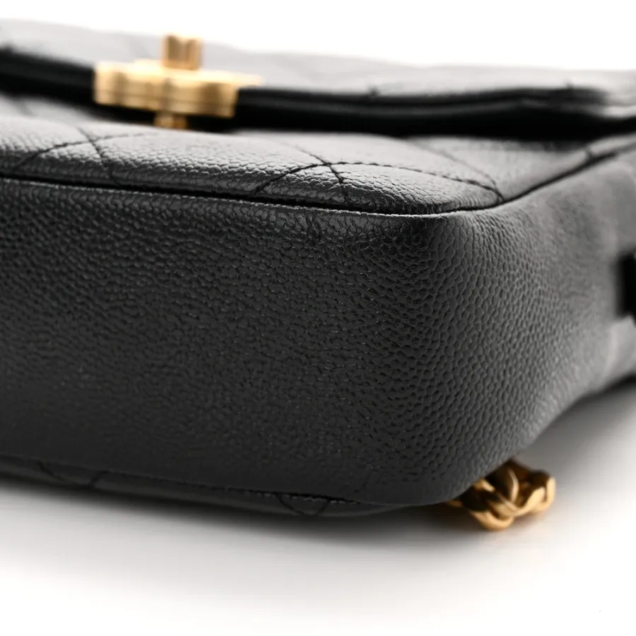 Chanel Chain Melody Backpack Small Black Quilted Shiny Caviar Leather Gold Hardware