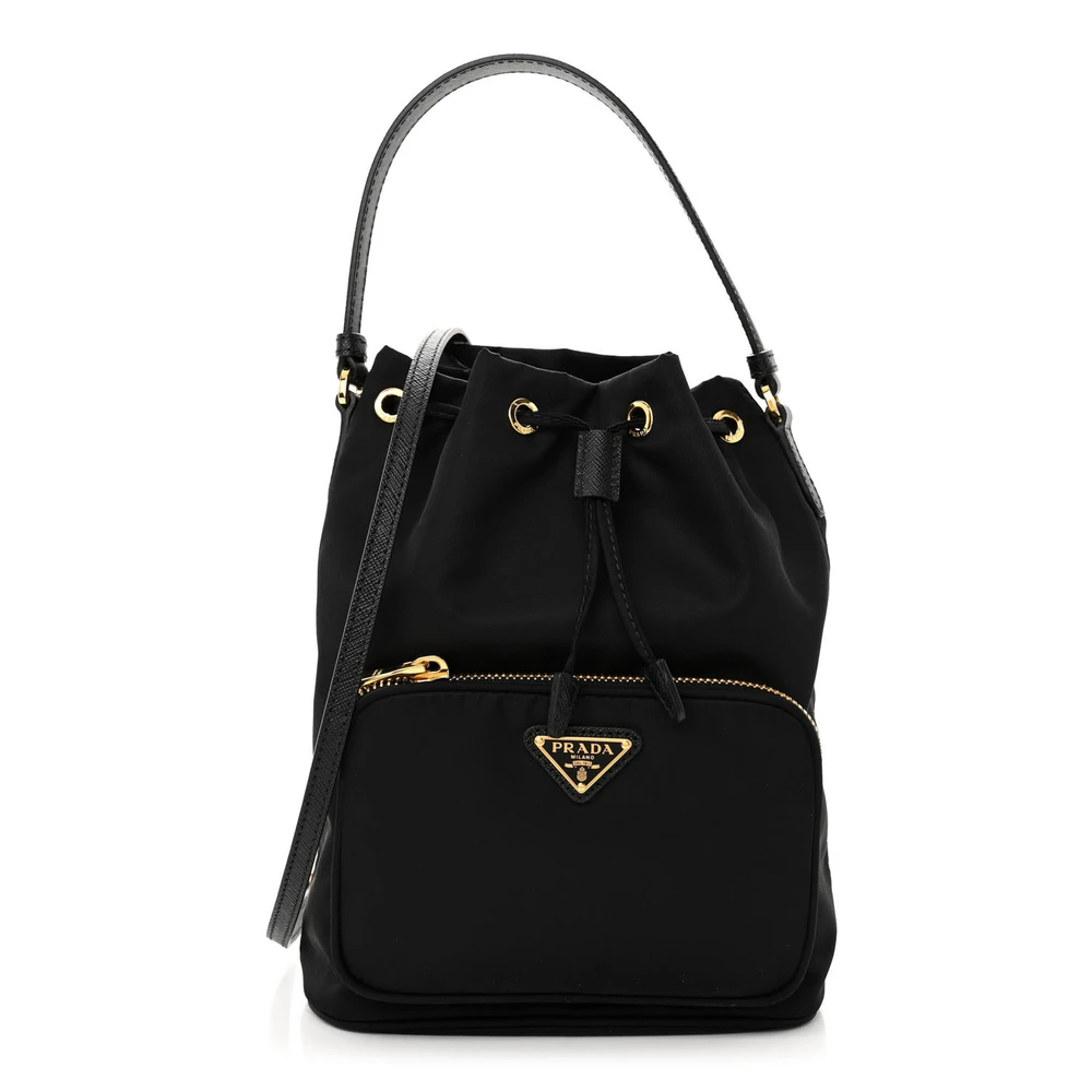 Prada Mini Bucket Crossbody Bag Preto Couro Saffiano e Nylon Tessuto Ferragens Latão