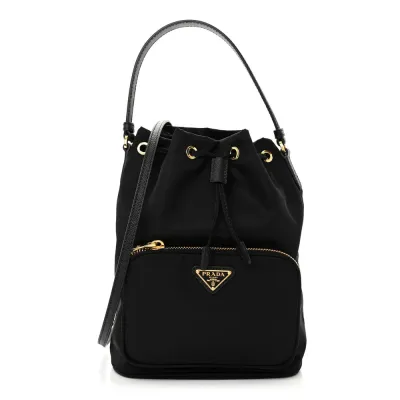 Prada Mini Bucket Crossbody Bag Black Saffiano Leather & Tessuto Nylon Brass Hardware