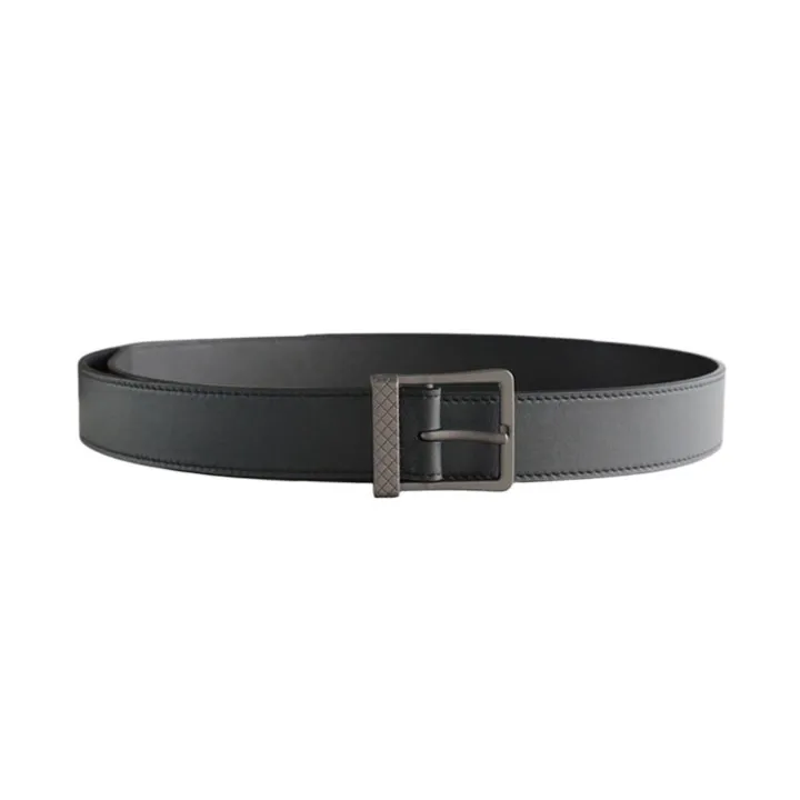 Bottega Veneta Men's Square Buckle Belt In Black/Coffee/Blue Calfskin With Matte Gun Black Hardware 35mm