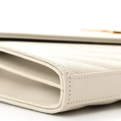 Saint Laurent Small Chain Wallet Crema Soft Chevron Monogram Grain De Poudre Matelasse Leather Gold Hardware