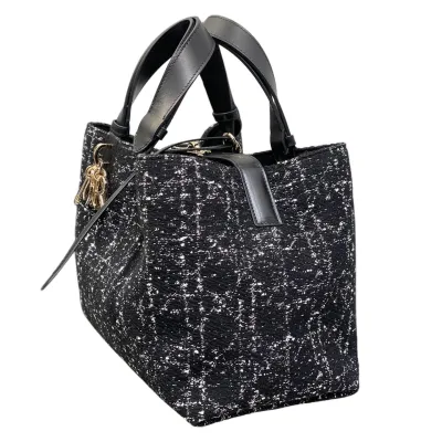 Dior Medium Dior Toujours Bag In Black Tweed with White Cannage Motif With Gold Hardware