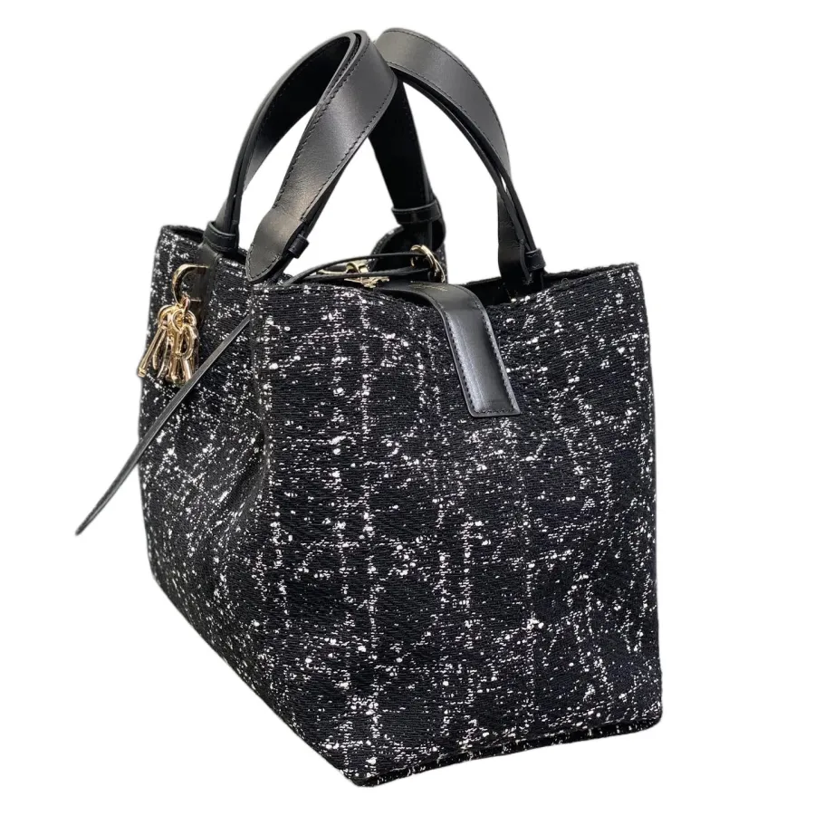 Dior Medium Dior Toujours Bag In Black Tweed with White Cannage Motif With Gold Hardware