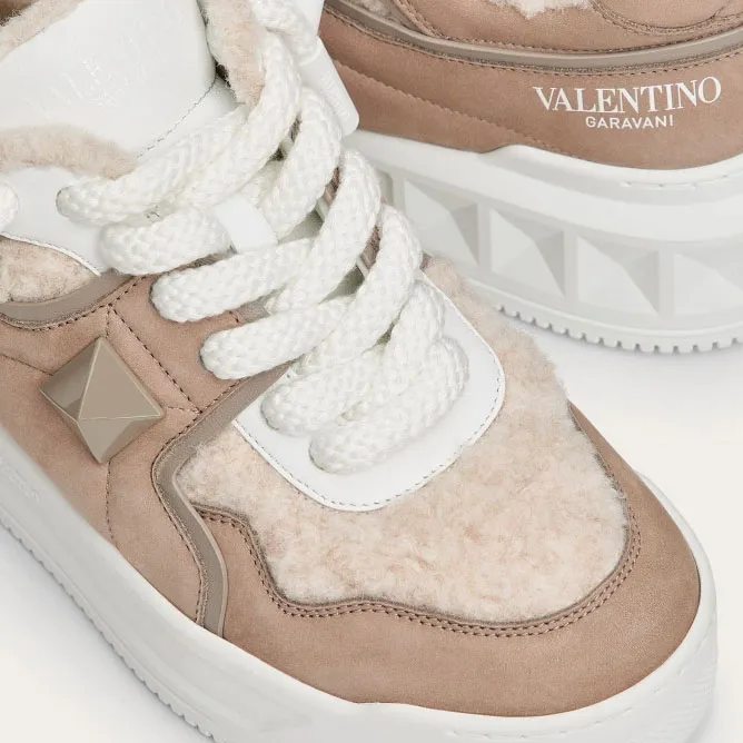 VALENTINO ONE STUD XL Women's bovine frosted leather and wool V-logo sneakers