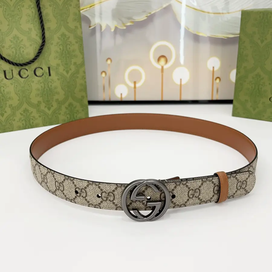 Gucci Women's Round GG Buckle Marmont Reversible Belt In Black/Brown Calfskin And Beige/Black Monogram Cavans With Gold/Silver Hardware 30mm