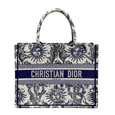 Dior Medium Dior Book Tote White Black/Navy Blue Soleil Embroidered Canvas