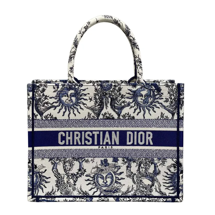 Dior Medium Dior Book Tote White Black/Navy Blue Soleil Embroidered Canvas