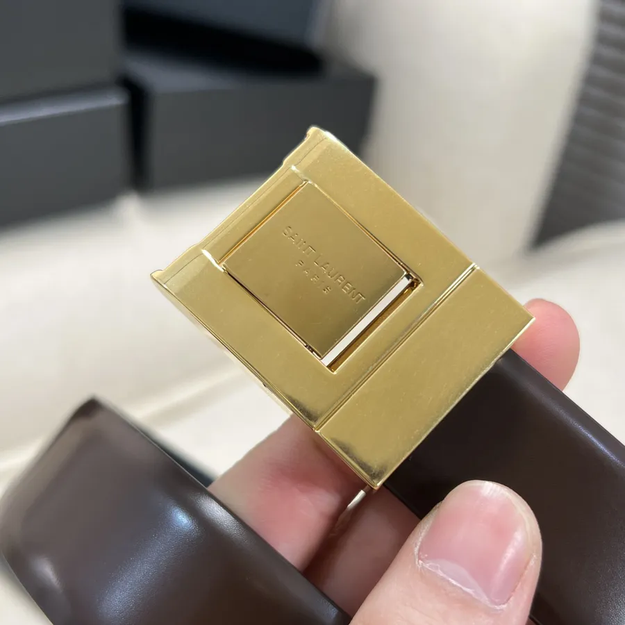 Saint Laurent LA 76 Belt In Burgundy/Black Smooth Calfskin With Gold/Silver Hardware 30mm