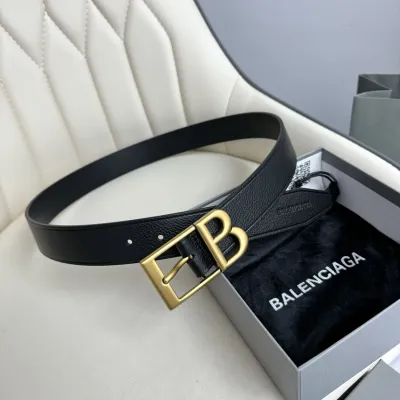 Balenciaga Men's Classic B Large Belt In Black Grained Calfskin With Gold/Silver Hardware 35mm
