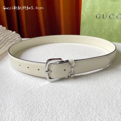 Gucci Women's Square Buckle With Beading Horsebit Thin Belt In White/Black Smooth Calfskin With Gold/Silver Hardware 30mm