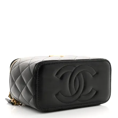 Chanel CC Dynasty Vanity Case Small Black Quilted Lambskin Leather Gold Hardware