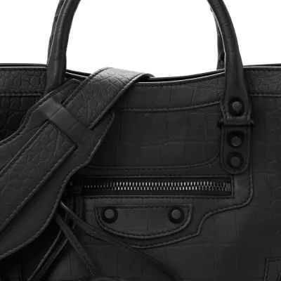 Balenciaga S City Classic Black Crocodile Embossed Matte Supple Lambskin Leather Incognito Hardware