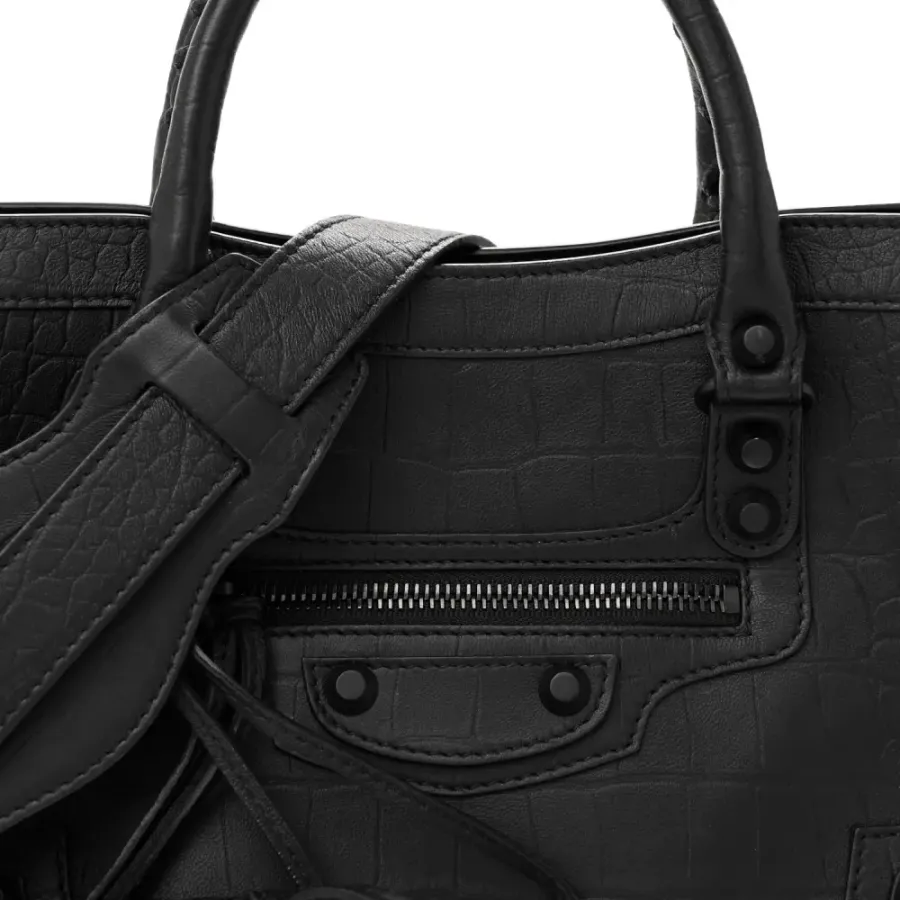 Balenciaga S City Classic Black Crocodile Embossed Matte Supple Lambskin Leather Incognito Hardware