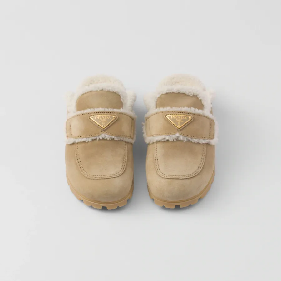 PRADA Beige suede leather and sheepskin slippers