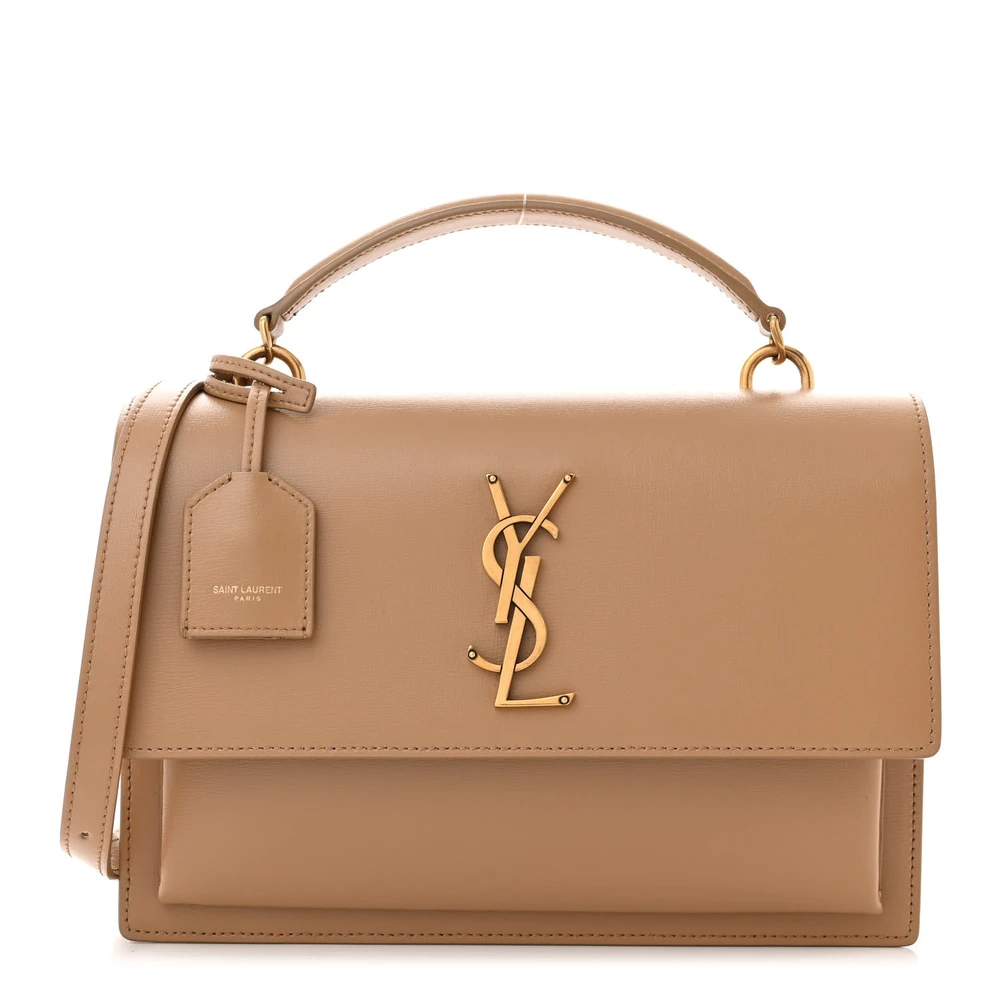 Saint Laurent Bolsa Sunset Média Natural Tan Couro Liso Monogramado Bezerro Hardware Dourado