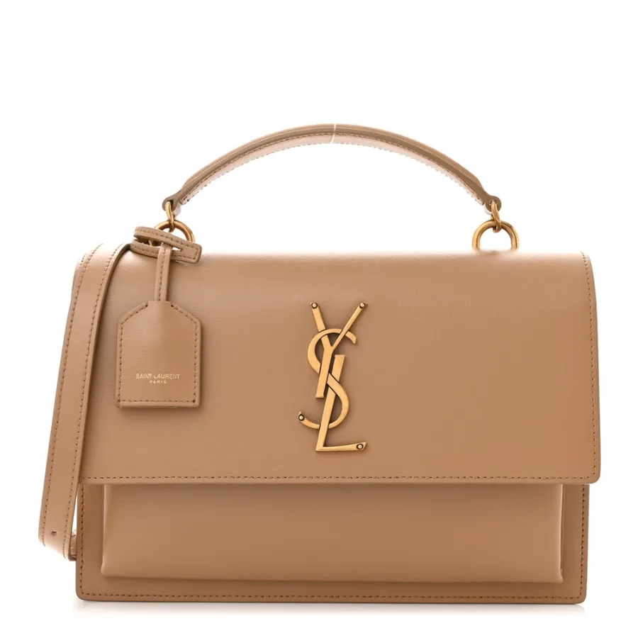 Saint Laurent Medium Sunset Satchel Natural Tan Smooth Monogram Calfskin Leather Gold Hardware