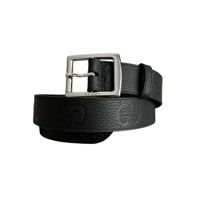 Gucci Men' s Square Buckle Belt In Black GG Grained Calfskin With Gold/Silver Hardware 35mm