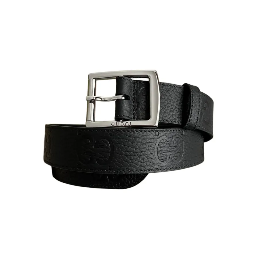 Gucci Men' s Square Buckle Belt In Black GG Grained Calfskin With Gold/Silver Hardware 35mm