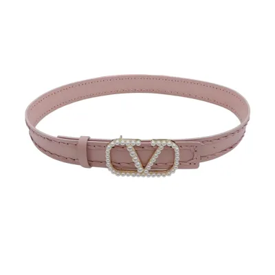 Valentino V Buckle With Pearls Belt In White/Red/Black/Pink Calfskin With Gold Hardware 40mm
