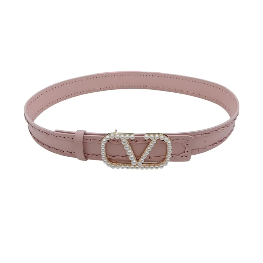 Valentino V Buckle With Pearls Belt In White/Red/Black/Pink Calfskin With Gold Hardware 40mm