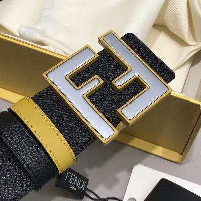 Fendi Men's Rounded FF Reversible Belt In Black/Yellow/Grey/Blue Calfskin With Silver Hardware 38MM