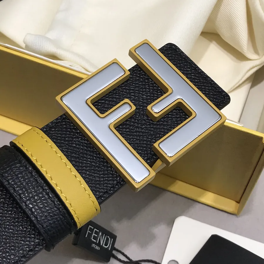 Fendi Men's Rounded FF Reversible Belt In Black/Yellow/Grey/Blue Calfskin With Silver Hardware 38MM