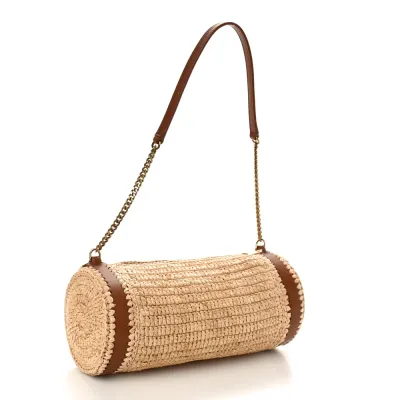 Saint Laurent Small Cylindric Bag Natural and Brick Monogram Raffia Cassandre Aged Gold Hardware