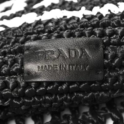 Prada Large Effect Logo Embroidered Shopping Crochet Tote Bag Black Yarn Raffia