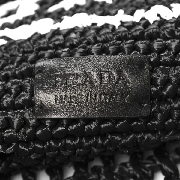 Prada Large Effect Logo Embroidered Shopping Crochet Tote Bag Black Yarn Raffia - Image 2