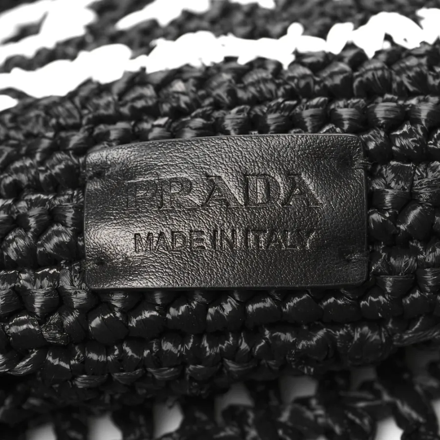Prada Large Effect Logo Embroidered Shopping Crochet Tote Bag Black Yarn Raffia