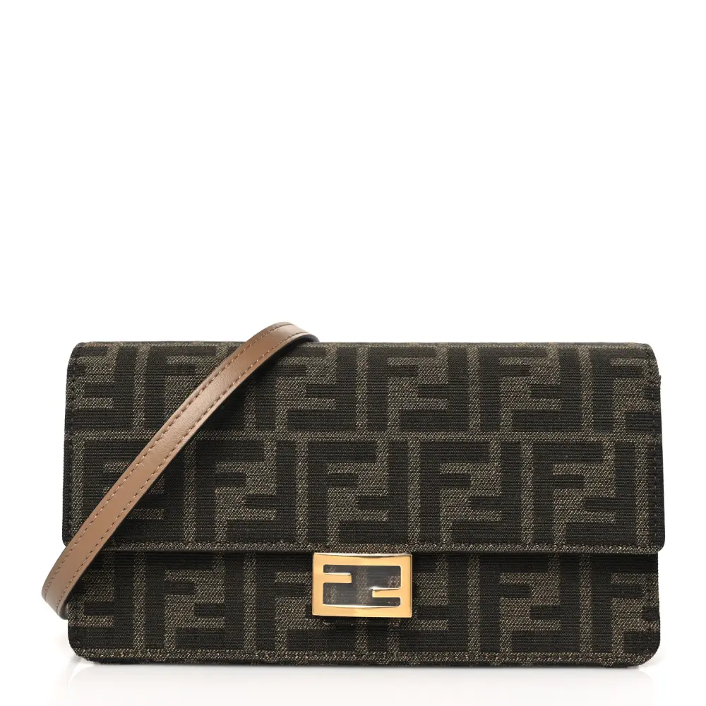 Fendi FF 1974 Carteira On Chain Tabaco/Moro Jacquard Tecido Hardware Dourado