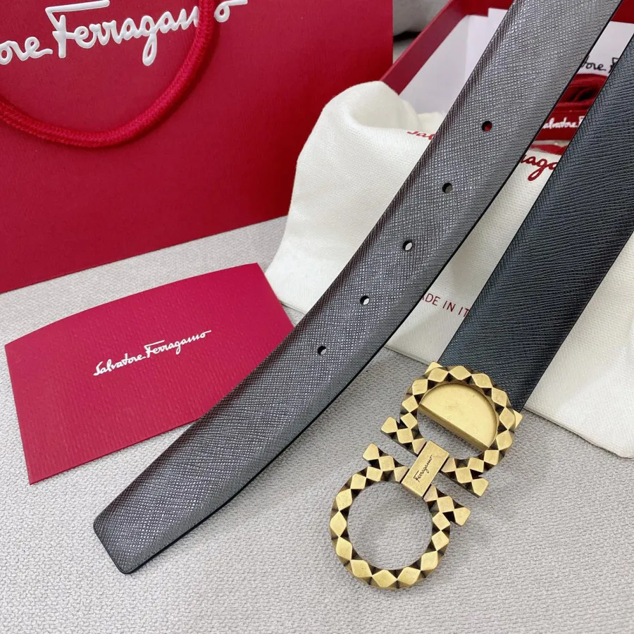 Ferragamo Men's Sharp Double Gancini Buckle Reversible Belt In Black/Coffee Saffiano Calfskin With Gold/Silver Hardware 35mm