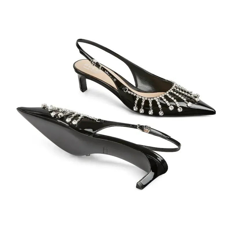 Gucci black pointed heels crystal high heels shoes Rear lace up high heels