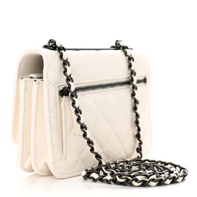 Chanel Trendy CC Wallet On Chain (WOC) Mini White Quilted Lambskin Leather Black Hardware