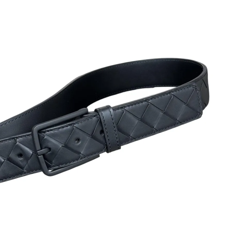 Bottega Veneta Men's Square Buckle Intrecciato Belt In Black/Coffee/Blue/Grey Calfskin With Black Hardware 35mm