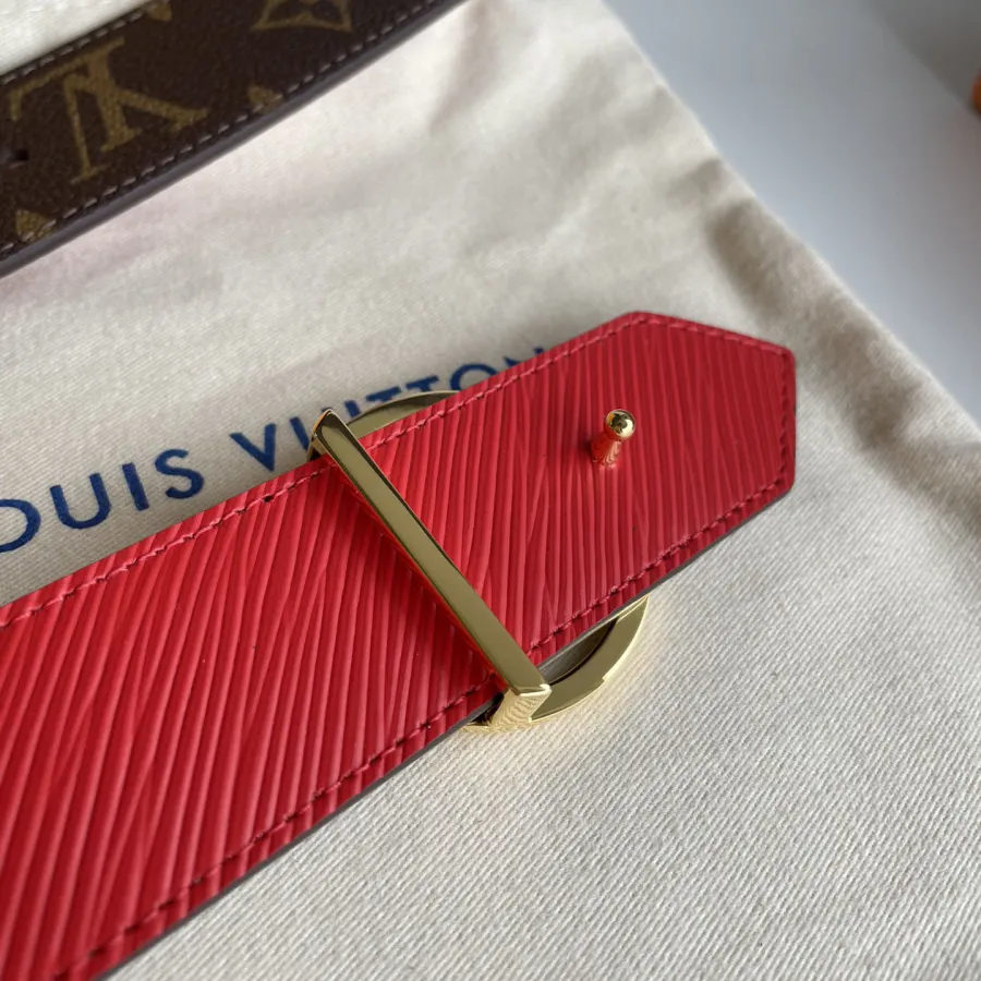 Louis Vuitton Women's Circle Buckle Belt In Black/Red Calfskin And Monogram Canvas With Gold/Silver Hardware 35mm