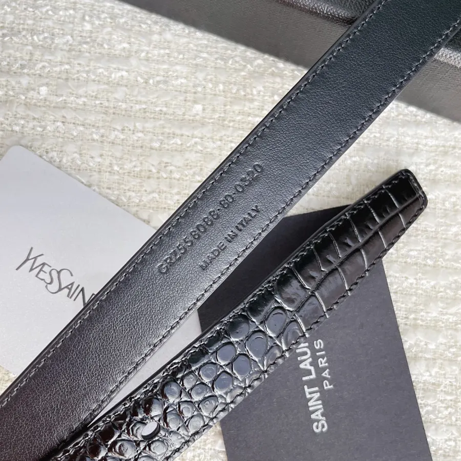 Saint Laurent Cassandre Belt In Black Crocodile-Embossed Calfskin With Gold/Silver/Black Hardware 20mm