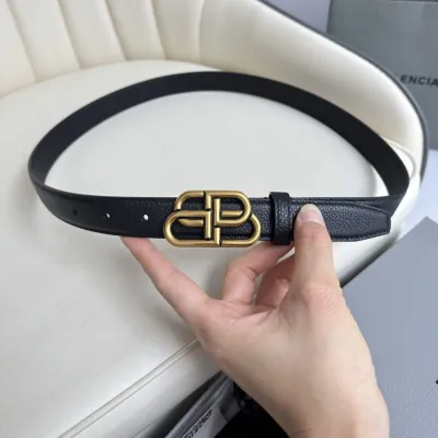 Balenciaga Women's BB Thin Belt In Black Grained Calfskin With Aged-Gold/Silver/Matte Black Hardware 25mm