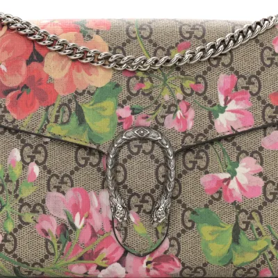 Gucci Mini Dionysus Chain Wallet Beige Multicolor Blooms GG Supreme Monogram Canvas