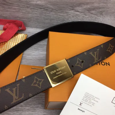 Louis Vuitton Women's Square Buckle Reversible Belt In Black Calfskin And Monogram Canvas With Gold Hardware 35mm