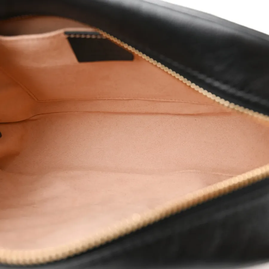 Gucci Small Diagonal GG Marmont Chain Shoulder Bag Beige/Black GG Monogram Canvas & Matelassé Leather Gold Hardware