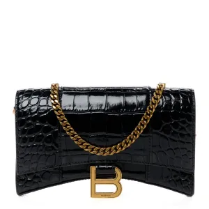 Balenciaga XS Hourglass Chain Bag Black Crocodile Embossed Shiny Calfskin Leather Gold Hardware