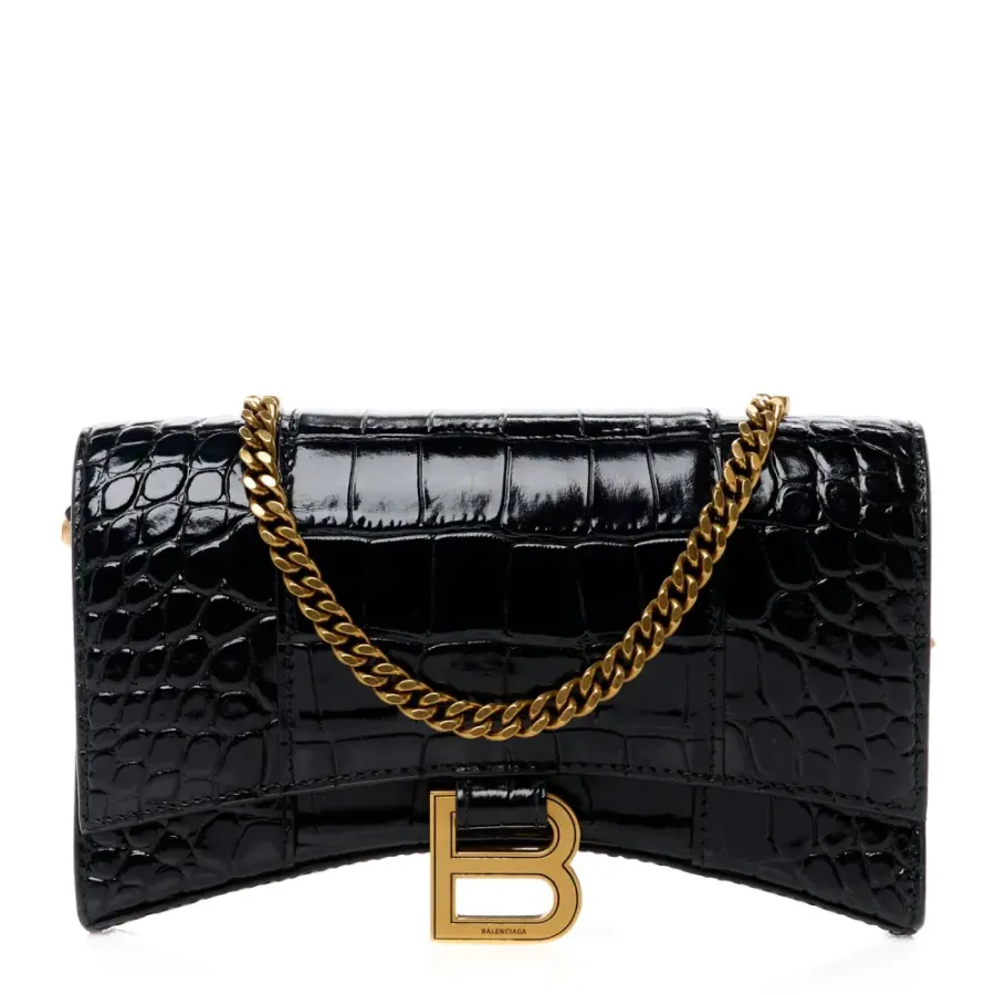 Balenciaga XS Hourglass Chain Bag Black Crocodile Embossed Shiny Calfskin Leather Gold Hardware