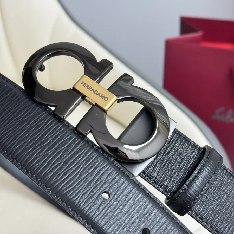 Ferragamo Men's Double Gancini Buckle Reversible Belt In Black Calfskin With Gold/Silver/Black Hardware 35mm