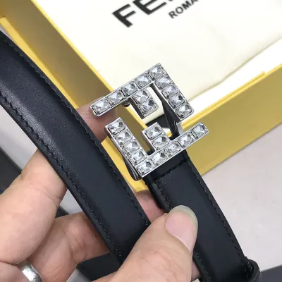 Fendi Women's FF Buckle With Crystal Belt In Black Calfskin With Silver Hardware 20mm