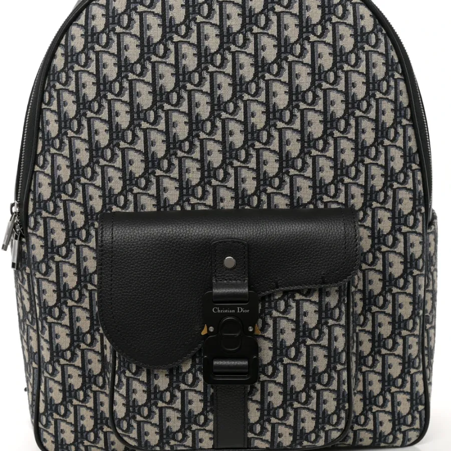 Dior Large Saddle Zip Backpack Black Oblique Canvas & Grained Calfskin Leather Silver Hardware