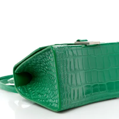 Balenciaga Small Hourglass Top Handle Bag Leaf Green Crocodile Embossed Shiny Calfskin Leather Silver Hardware