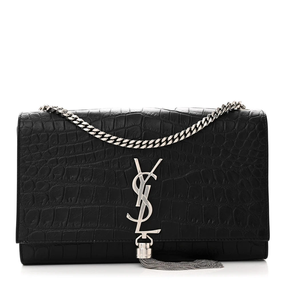 Saint Laurent Kate Média com Borlas Satchel Preto Monograma Clássico Relevado em Pele de Bezerro e Couro de Crocodilo Hardware Prateado