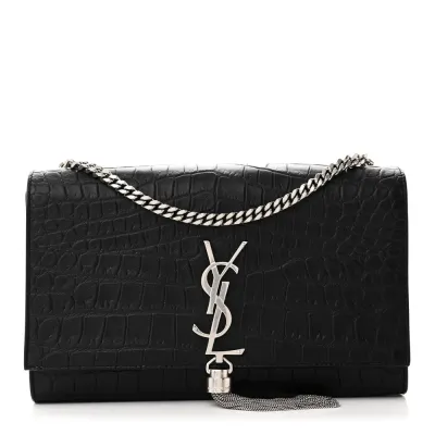 Saint Laurent Medium Kate Tassel Satchel Black Embossed Classic Monogram Calfskin & Crocodile Leather Silver Hardware